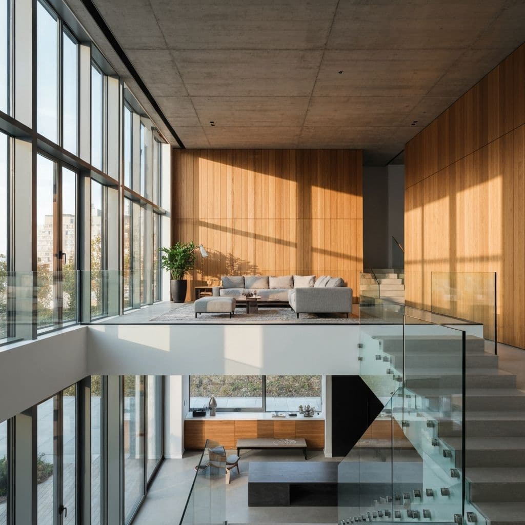 Interior de arquitectura moderna con luz natural y materiales nobles